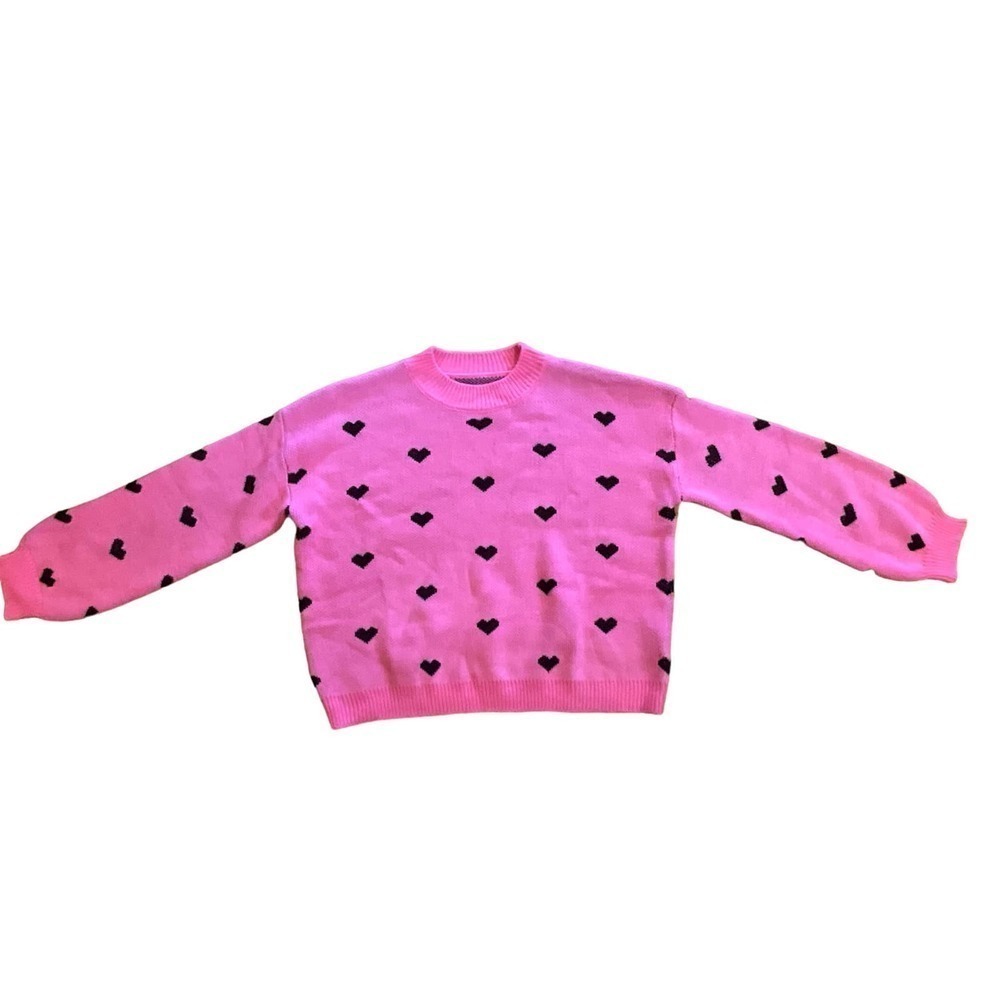 Pullover‎ Sweater Women's Size L Pink Heart Print Knit Long Sleeve Crew Neck